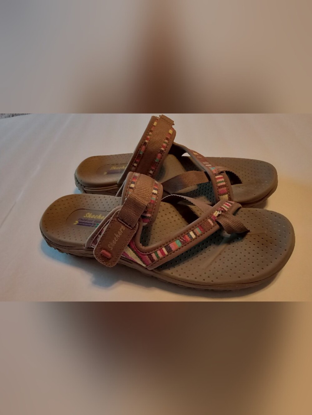 Skechers Brown Strappy Slide Sandals with Multi-Color Trim - Picture 5 of 7
